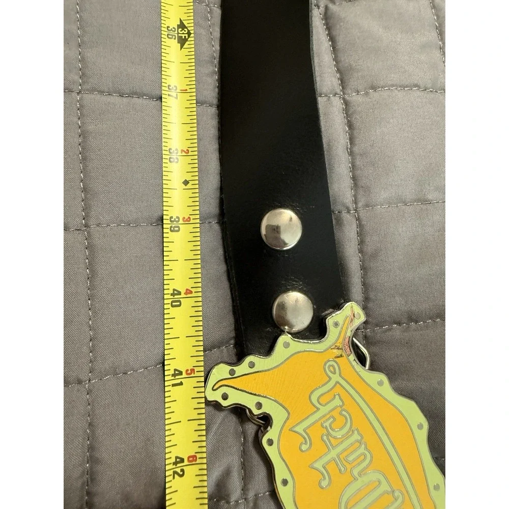 Vintage Von Dutch black leather belt 41' Yellow green enamel buckle USA shaped